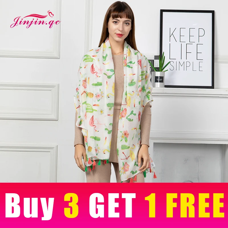 Jinjin.QC New Fashion Women Scarf Viscose Flamingo and Pineapple Print Casual Scarves Cactus Printed Echarpe Foulard Femme jinjin qc 2019 new fashion women viscose scarf rose printed bandana jilbab instan muslim hijab jersey scarves foulard femme