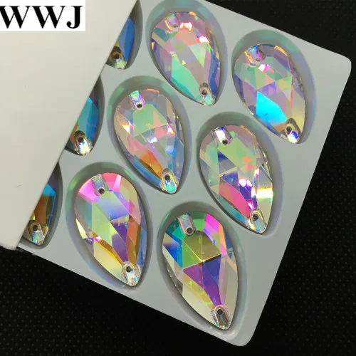 Стеклянные каплевидные пришивные камни всех размеров с 2 отверстиями прозрачные