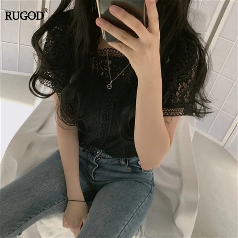 Черный RUGOD, однотонные, открытые, в Корейском стиле, тонкие топы,, новая футболка для женщин, Modis, кружевные, Camisetas Verano Mujer, летний топ ручной работы - Цвет: Черный