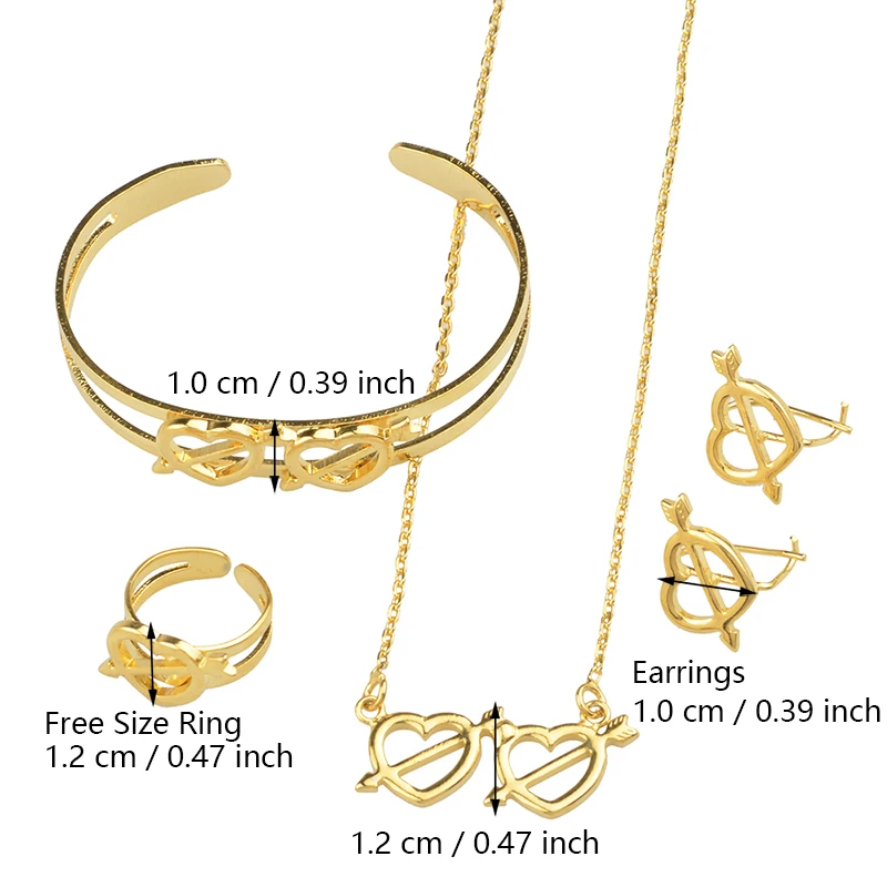 Anniyo Heart Jewelry sets Children Gold Color Necklace Earrings Ring Bangle for Kids Ethiopian African Arab Gift #062302 | Украшения и