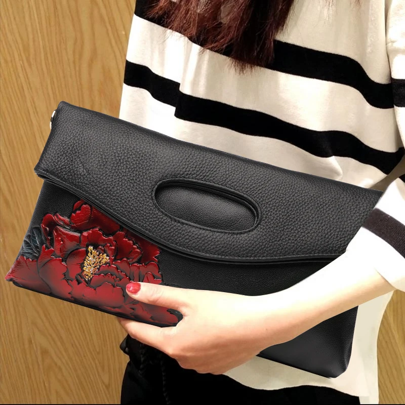 2018 новый стиль красный узор цветы пиона клатч кошелек женский топ кожаная