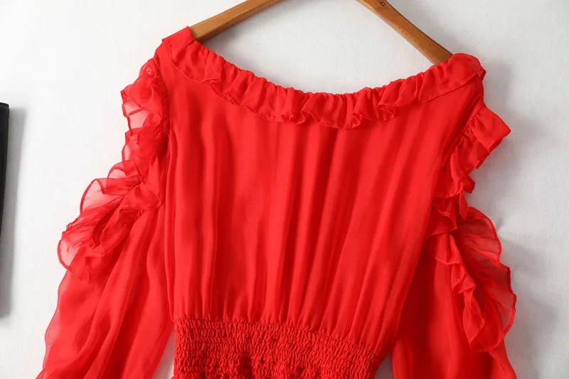 Платье из чистого шелка Женское 2020 летнее красное для отпуска плиссированное