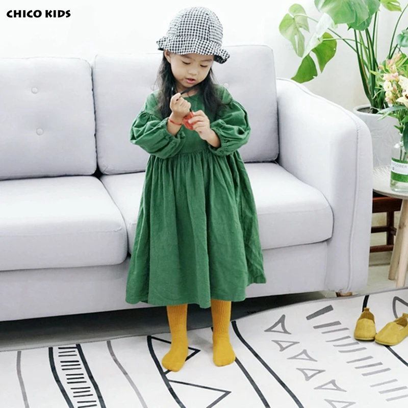 Платье детское из хлопка и льна с рукавами-фонариками 2 цвета | Детская одежда