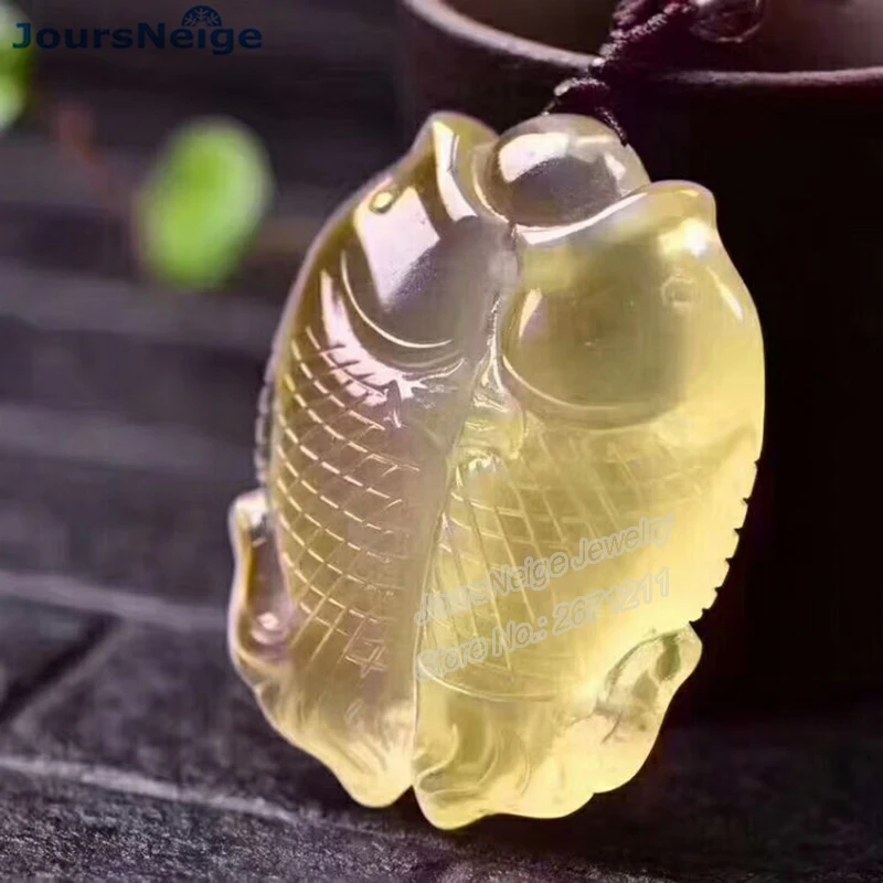 Wholesale Yellow Natural Crystal Pendants Hand Carved Double Fish Pendant Sweater Chain Necklace Lucky for Women Men Jewelry