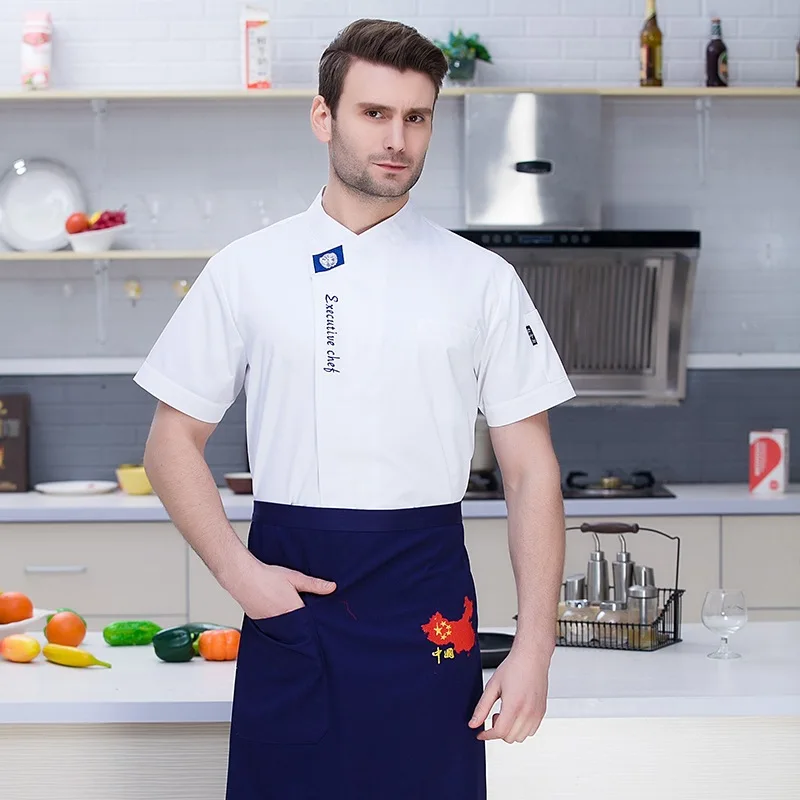 

Одежда шеф-повара, мужская Тонкая Униформа Master Cook с коротким рукавом, дышащая кухня, ресторан, общественное питание, рабочая одежда, комбинезоны H2076
