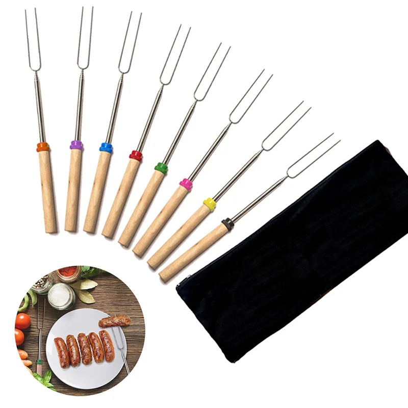 

8 pcs/set BBQ Fork Marshmallow Roasting Sticks Extending Roaster Set Telescoping Skewers 32 Inch Fire Pit Camping Cookware