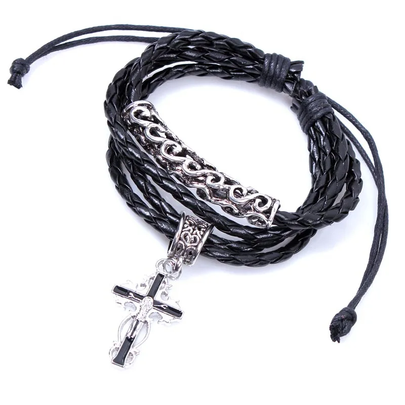 medieval retro style crucifix silver alloy bracelet black snake leather twine bracelete jewelry for women Free Shipping WD2041 | Украшения