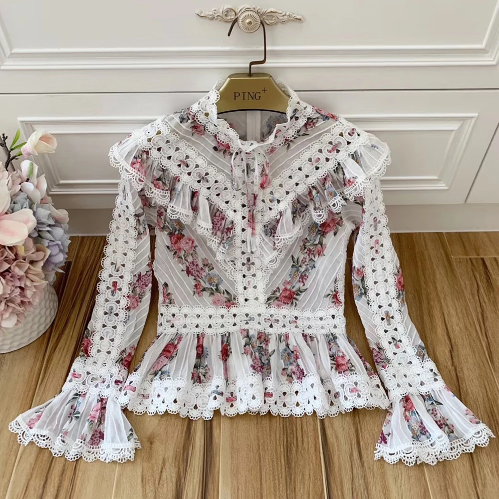 Baogarret Women Autumn Cotton Blouse Stand Collar Ruffles Flare Sleeve Vintage Flower Print Shirt Elegant Party Top |