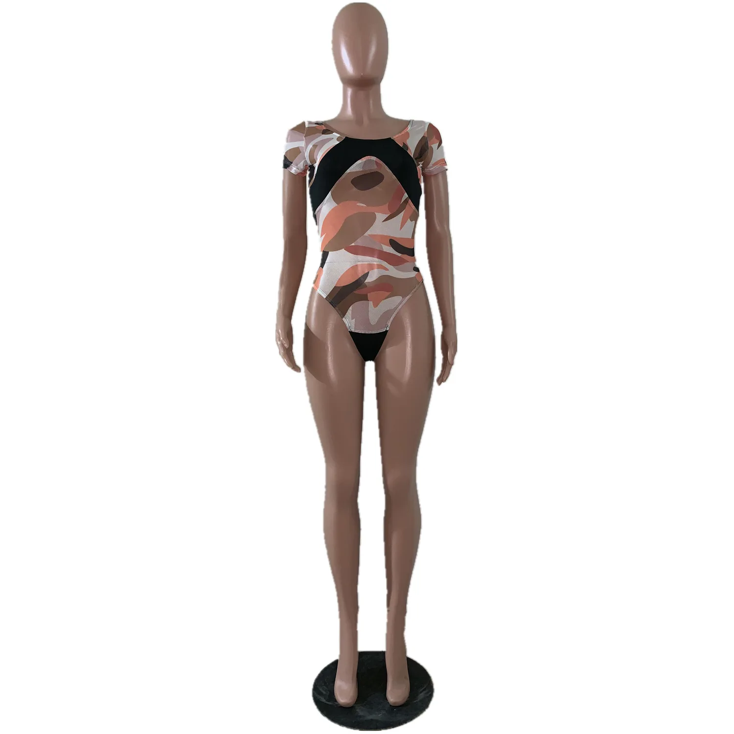 Камуфляжный сетчатый комбинезон в стиле пэчворк женский сексуальный слитный с