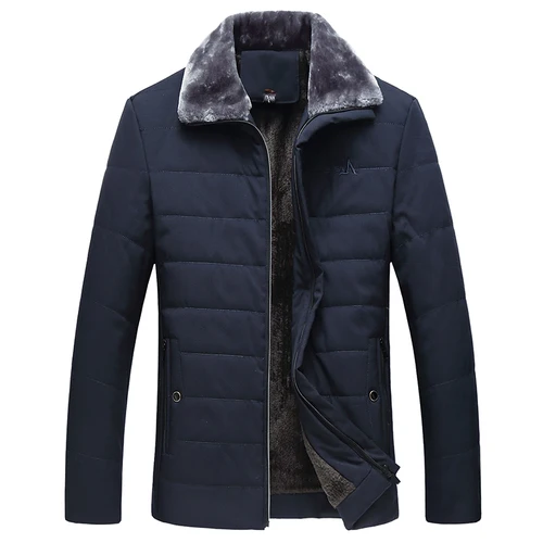 Dark blue Осень и зима мужской лацкан хлопок плюс бархат теплая куртка, тонкий большой размер Бизнес сплошной цвет Мужская куртка среднего возраста - Цвет: Dark blue