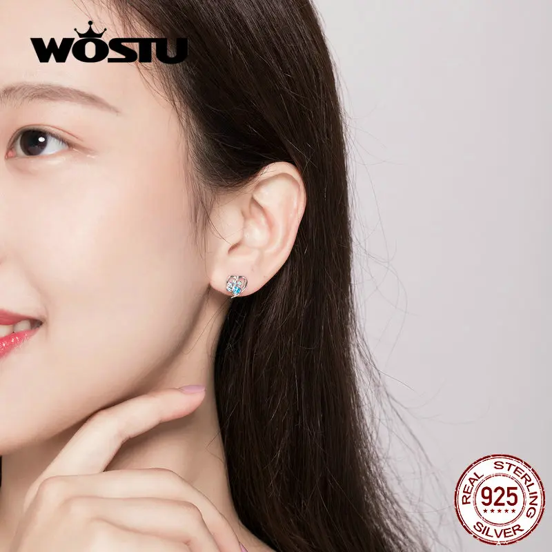 WOSTU Dog Paw Foot Heart серьги из 100% стерлингового серебра 925 пробы с синим цирконием для