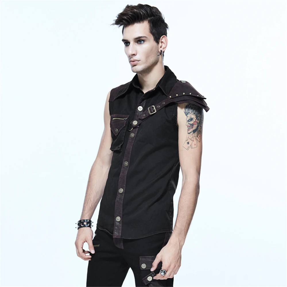 Steampunk Men's Button-down Shirt Slim-fitting Black Casual Summer Strap Sleeveless Tops | Мужская одежда