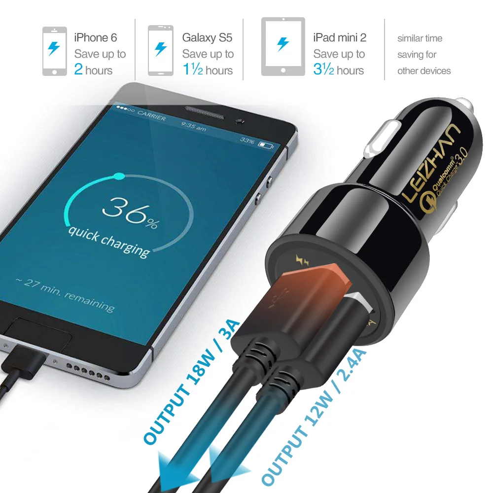 LEIZHAN USB 3 0 Автомобильное зарядное устройство Быстрая зарядка для мобильного