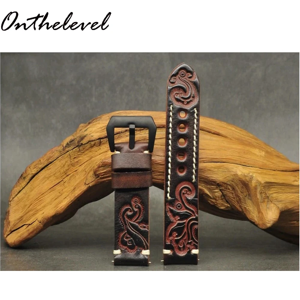 Onthelevel Genuine Leather Watchbands Carved Watch Band Strap for Panerai Belt Stainless Steel Black Buckle 20 22 24mm 2023 New