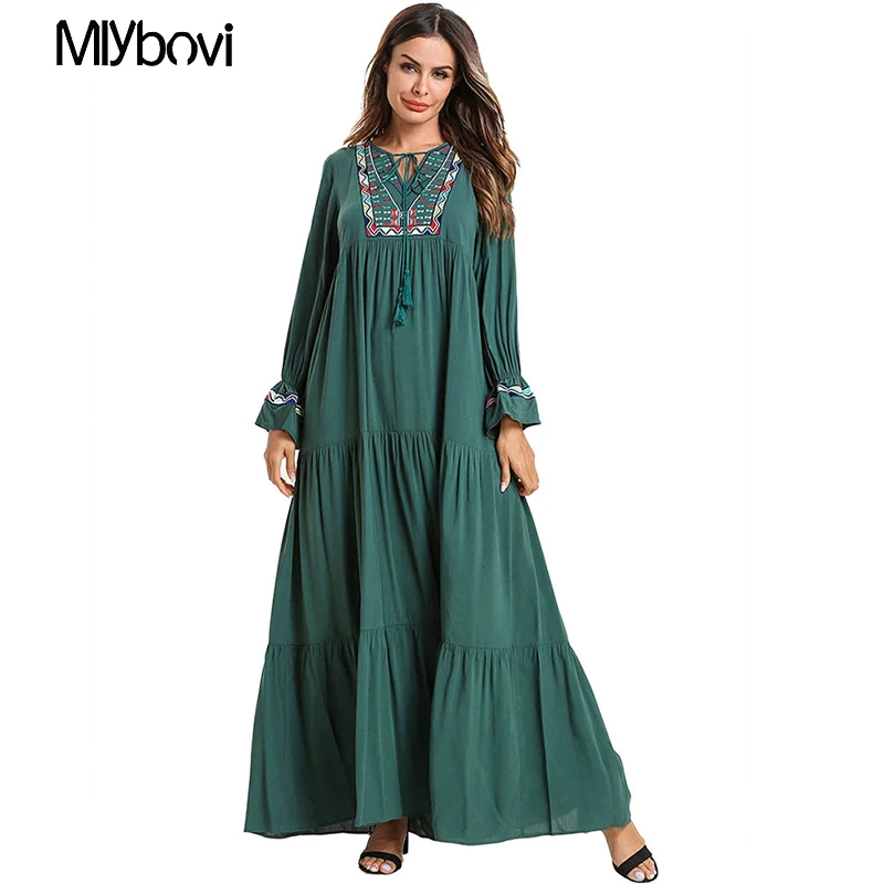 Abayas для женщин большие размеры костюмы 4XL Длинные Зеленые вышивка Макси