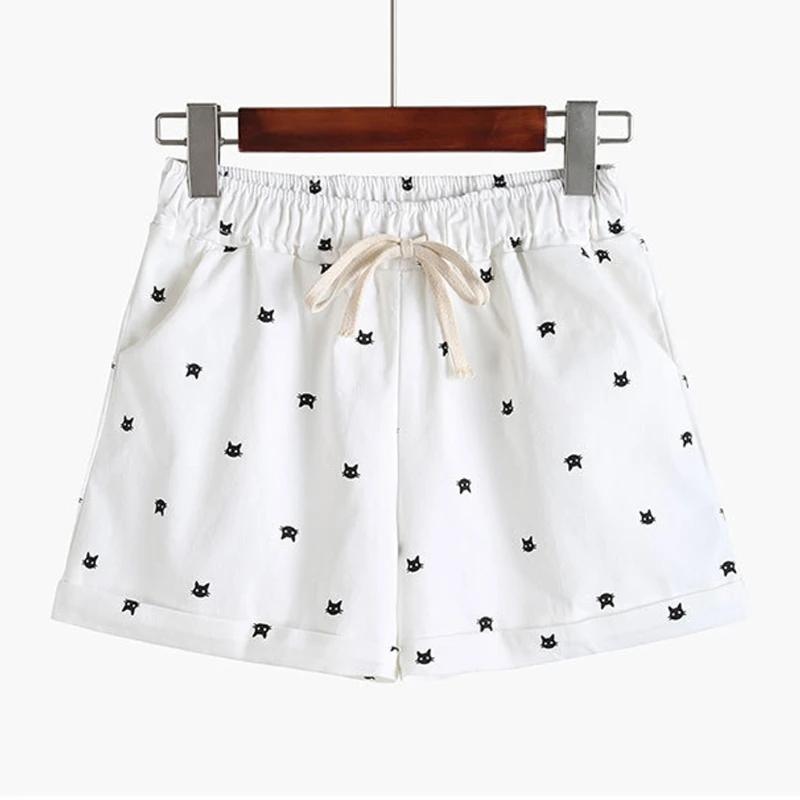 Женские хлопковые шорты с принтом кошки Летние повседневные эластичным