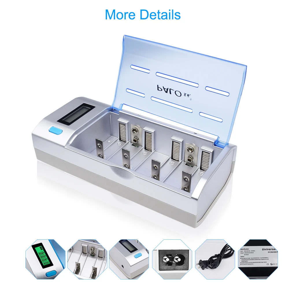 PALO C906W 4 слота ЖК-дисплей зарядное устройство для Nimh Nicd AA/AAA/SC/C/D/9 В аккумуляторная батарея с автомобильными зарядными устройствами