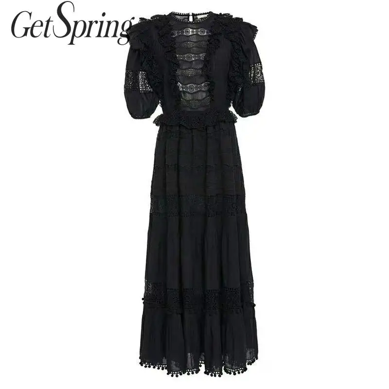 Getвесеннее женское свободное кружевное платье с рюшами винтажное черные белые