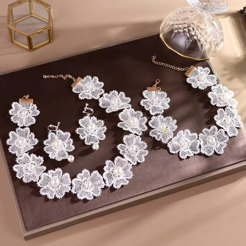 ACRDDK с белым жемчугом Кружевная повязка на голову ожерелье серьги комплект