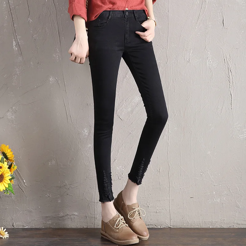 Женские узкие джинсы до щиколотки черные Стрейчевые брюки-карандаш однотонные