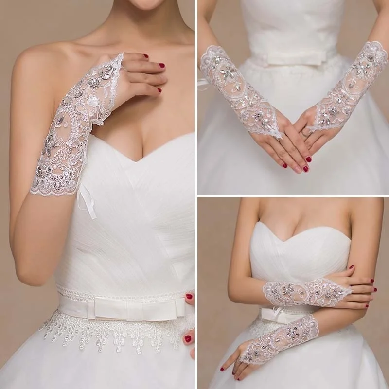 New 1pair cheap wedding accessories for bride Wedding dress gloves performance studio supplies crystal barato wedding gloves