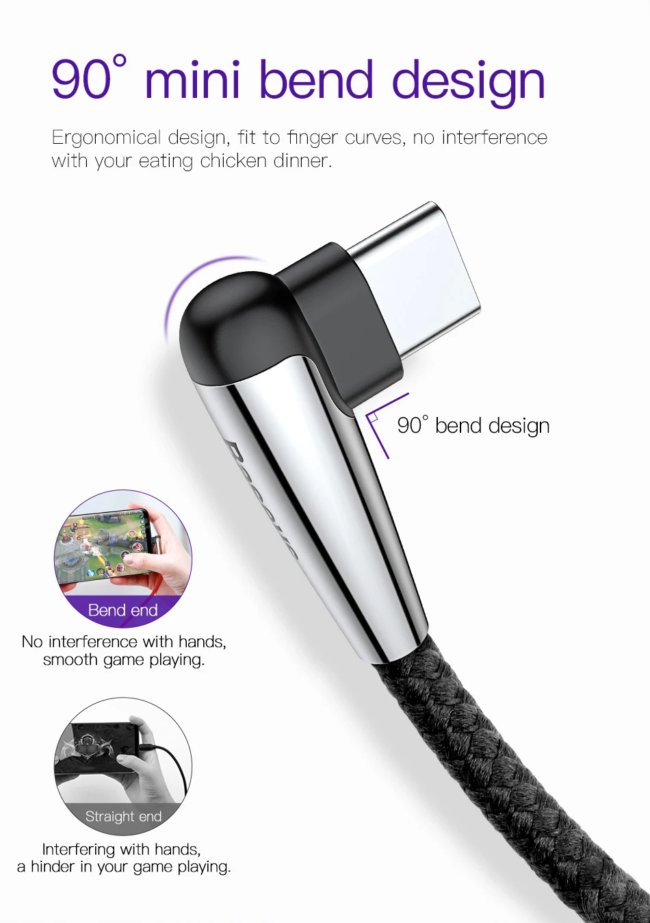Baseus usb type C кабель 90 градусов USB-C зарядное устройство Быстрая зарядка USBC type-c кабель для samsung S10 S9 S8 Oneplus 6t 6 Xiaomi Mi 9 8