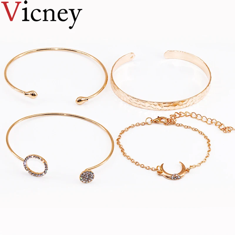 Vicney New 4 Pcs/ Set Fashion Simple Round Crystal Multilayer Adjustable Open Bracelet Party Jewelry Gift for women | Украшения и