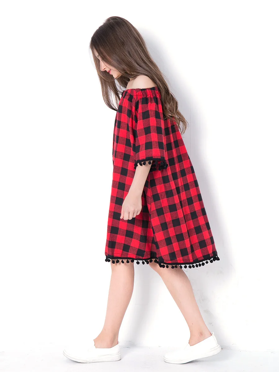 Клетчатое платье для девочек-подростков с кисточками и открытыми плечами Размер