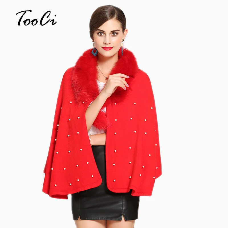 

Elegant Red Faux Fur Coat Women Spring Ponchos And Capes Fur Cashmere Feel Plush Overcoat Outerwear Cardigan Women Coat