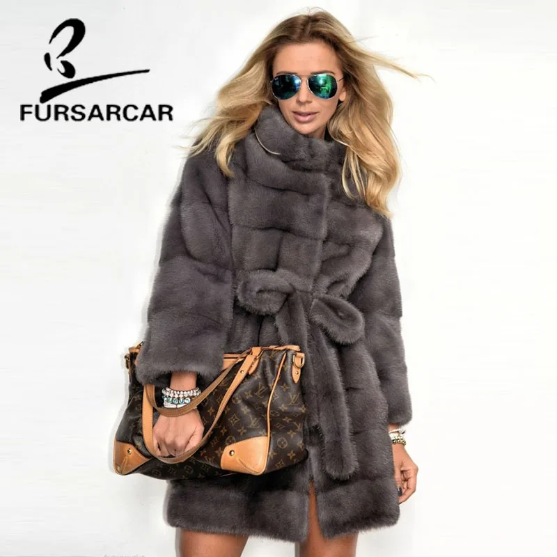 FURSARCAR 2020 натуральный мех норки пальто для женщин с меховой воротник из целых
