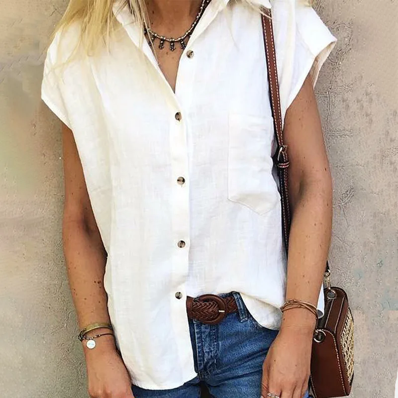 Белая рубашка с отложным воротником и коротким рукавом женская блузка на