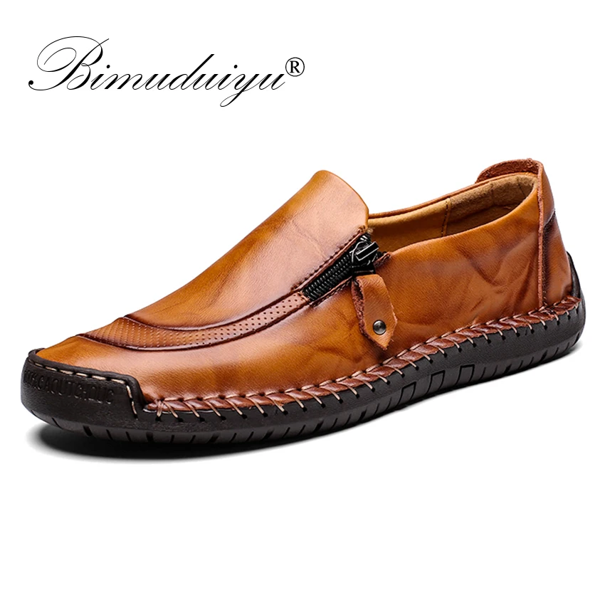 

BIMUDUIYU Handmade Genuine Leather Shoes Men Brand Casual Moccasins Men Fashion Loafers Slip on Rubber Flats Zip opening