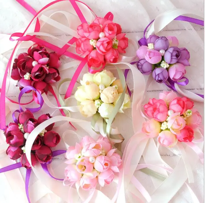 

200 pcs/lot Wristwatch Corsage Bridesmaid Sisters Hand Flowers Artificial Bride Flowers For Wedding Decoration Bridal Pro