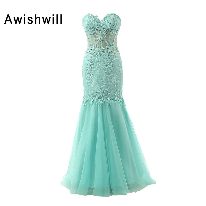 

Gorgeous Aqua Color Evening Dresses with Sweetheart Neckline Lace Tulle Floor Length Sleeveless Party Gowns Mermaid Prom Dress