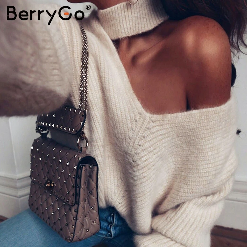BerryGo водолазка на одно плечо Вязаный Свитер оверсайз Женский Уличная одежда