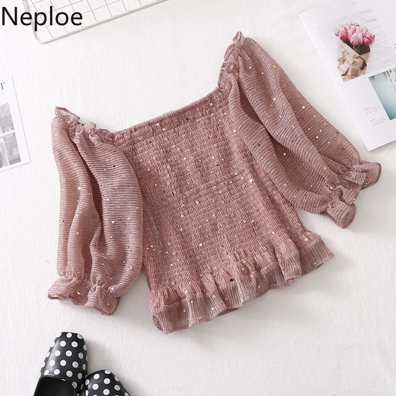 Neploe Sequined Women Tops Summer 2019 Fashion Slash Neck Lantern Sleeve Blouse Slim Waist Ruffles Ladies Blusa 44158 |