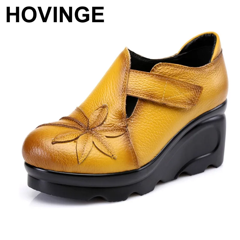 

HOVINGE New Arrival 2018 Women Autumn Genuine Leather High Heels Shoes Handmade Vintage Flower Embroidered Wedges Shoes Woman