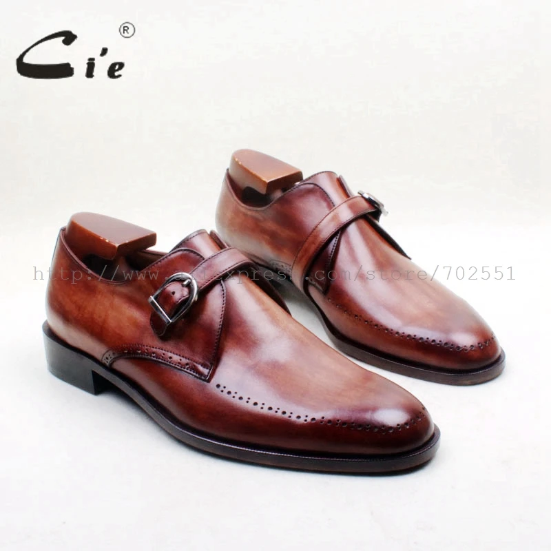 

cie Round Toe Cut-outs Single Monk Straps Hand-Painted Brown 100% Genuine Calf Leather Bottom Outsole Men Leather Shoe MS154