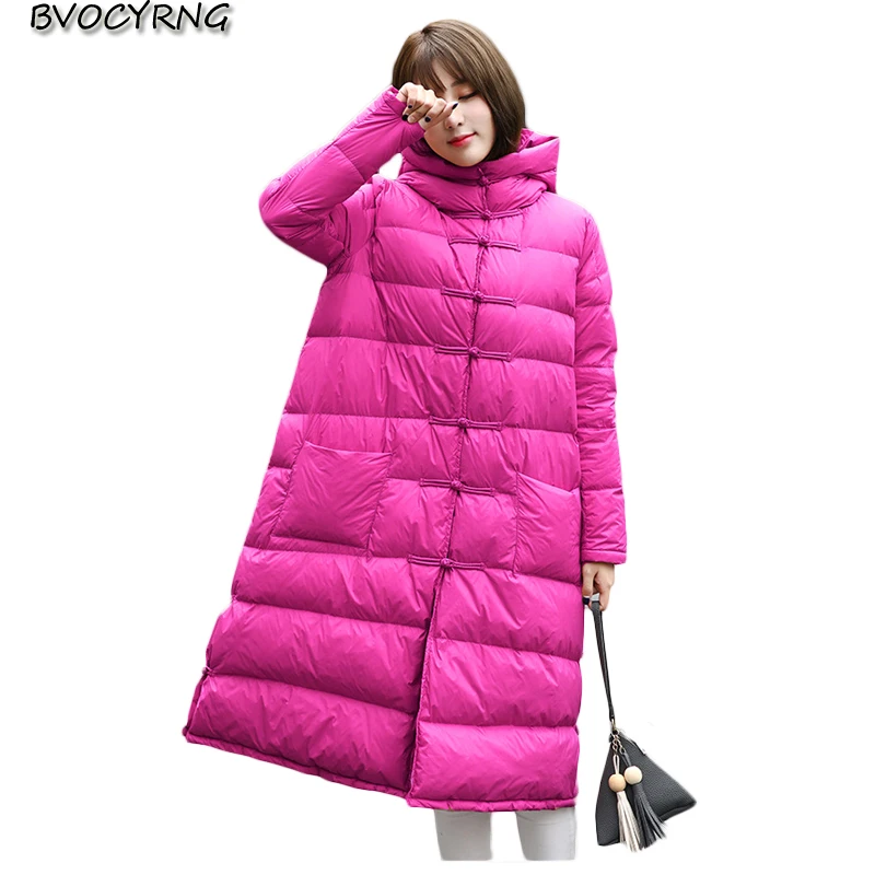 

Winter New Women Coat Long Down Jacket Loose Parka Hooded Big Yards High Quality White Duck Down Girls Jacket Outerwear Q830