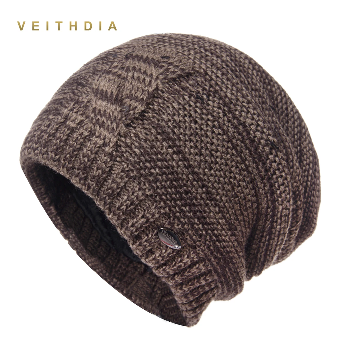 VEITHDIA супер крутые шапочки для мужчин шапки вязаные плюс бархатные полосатые цветные шапки зимняя Толстая Теплая мужская шапка - Цвет: 213-Coffee