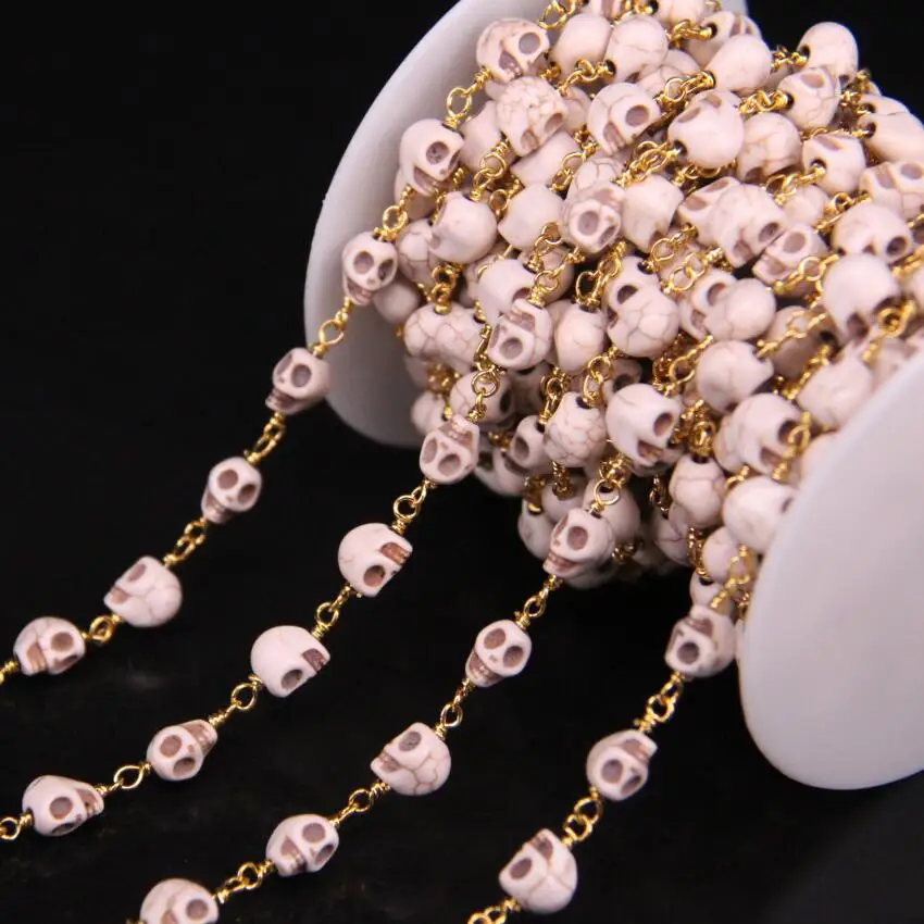 

6x8mm,Natural White Turquoises Stone Rosary Chain,Skull Turquoises Gold plate Chains DIY Women sweater chain Jewelry