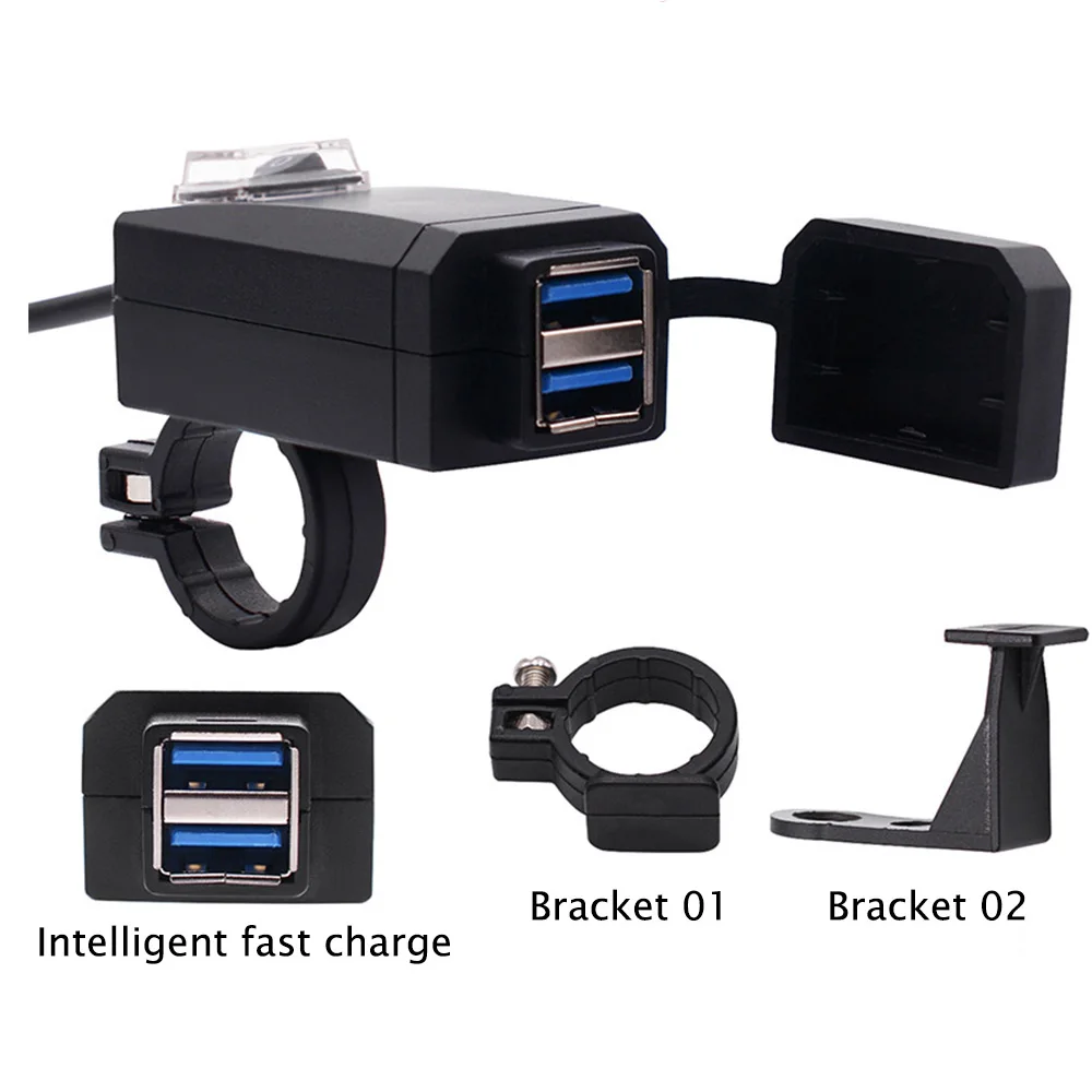 Водонепроницаемое зарядное устройство на руль мотоцикла с двумя USB портами QC3.0