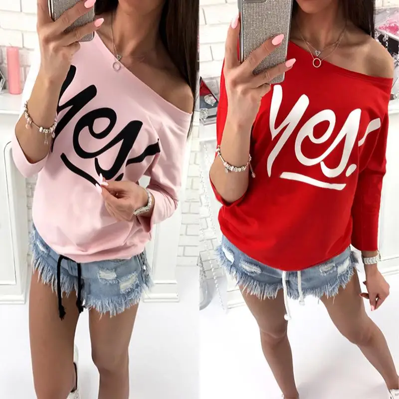 Женская футболка, осенняя, с принтом букв, Blusas, модные, с открытыми плечами, топы, 3/4 рукав, свободная футболка, женская футболка, WS2198C