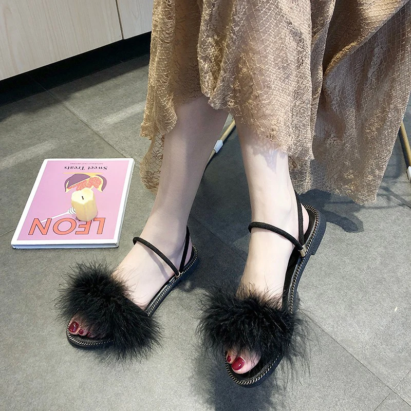 HEE GRAND/меховые шлепанцы на плоской подошве женские летние туфли женская