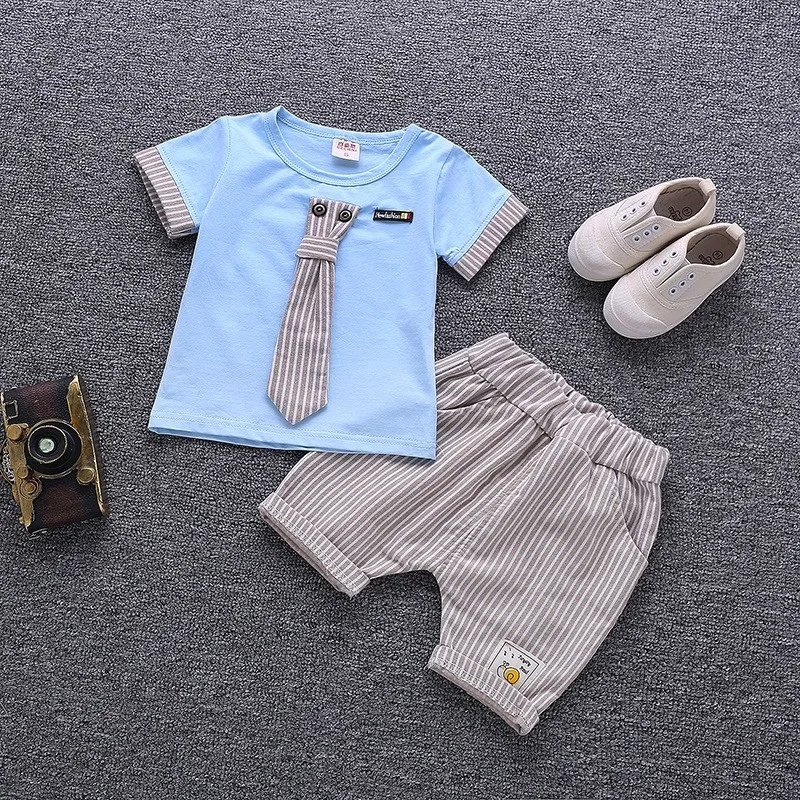 BQN tie blue Летняя одежда для мальчиков и девочек хлопковый спортивный костюм Модная одежда для детей, Детская мода, Детский комплект для маленьких джентльменов, галстук, футболка и шорты, 2 шт./компл. Одежда для младенцев комплект - Цвет: BQN tie blue