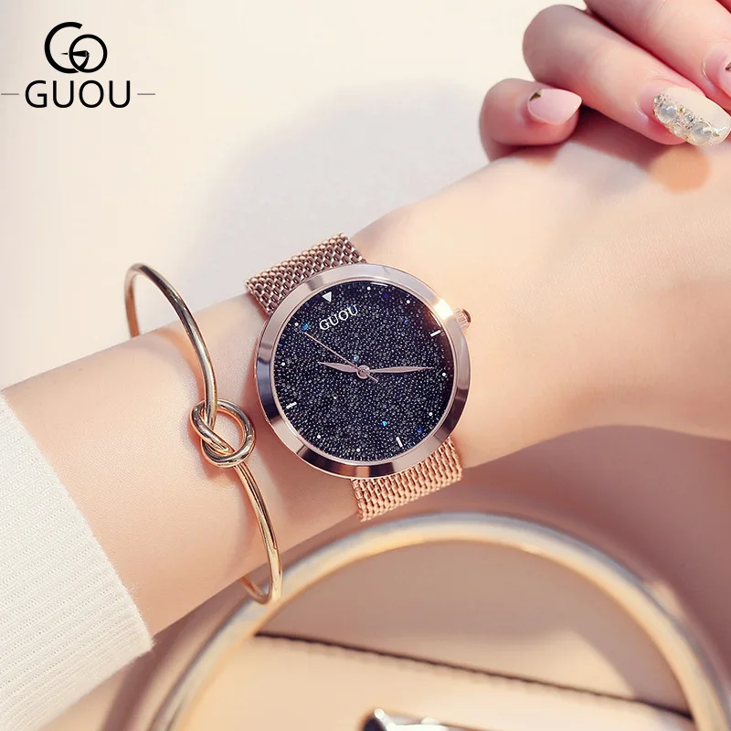 Luxury GUOU Pretty Bling Stars Full Stainless Steel Quartz Wristwatches Wrist Watch Bracelet for Women Ladies Girls Rose Gold | Наручные