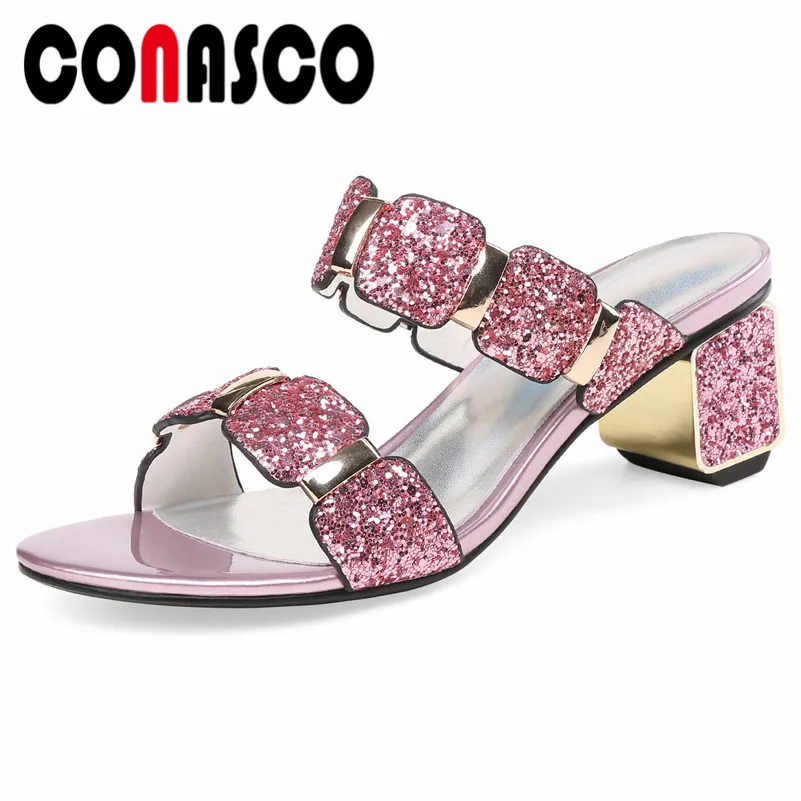 

CONASCO Summer Square High Heels Women Fashion Pumps Bling Bling Beach Slippers Prom Party Elegant Sandals Rome New Shoes Woman