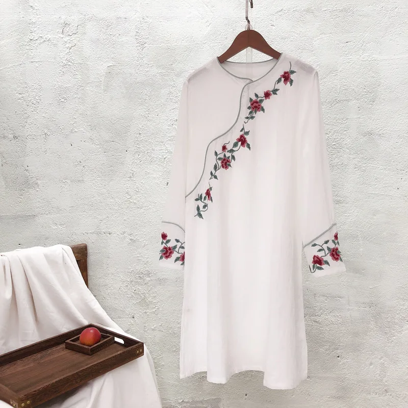 Cotton Linen Female Long Sleeve Retro Literary Embroidery Spring National Wind Dress Round Neck A-Line Dresses |