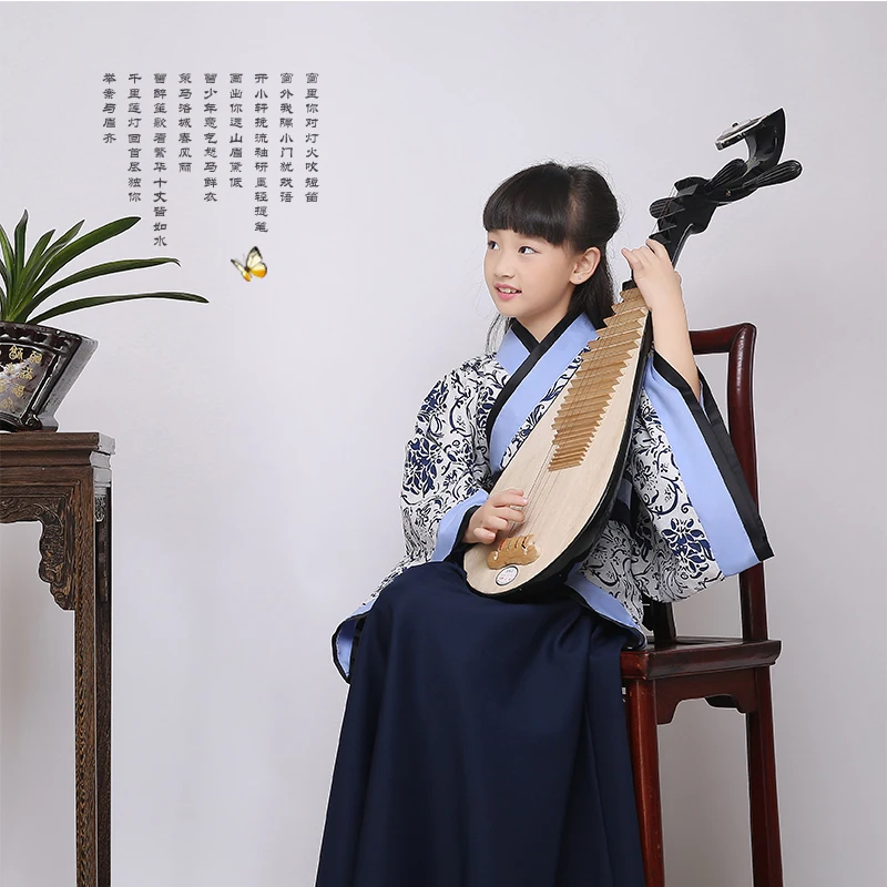 День детей ханьфу Хань Китайская одежда костюм в династии шеньи синий и белый