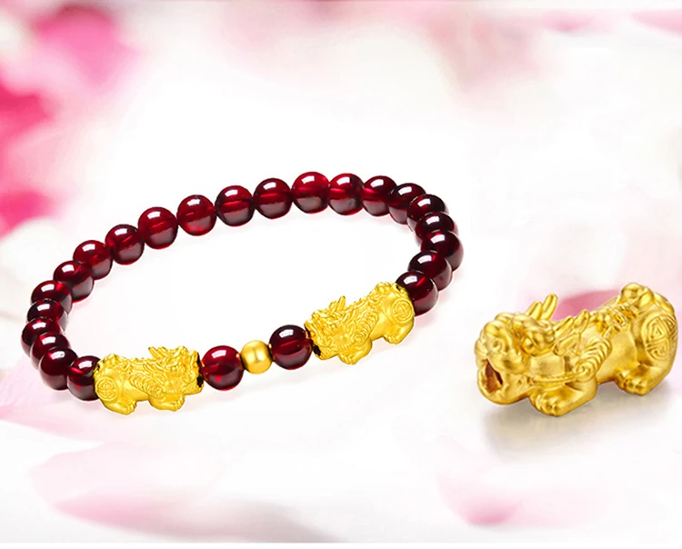 Браслет с красными гранатовыми бусинами имитация золота 3D двойной пиксиу